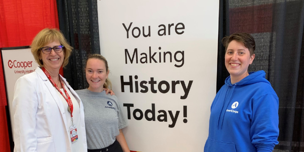 Instructor Rebecca Bryan with students Christina Neal and Anastasia Dudzinski at Kroc Center vaccination center 