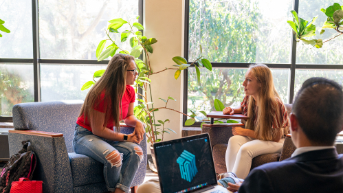 Business students talking while sitting in chairs by large window.