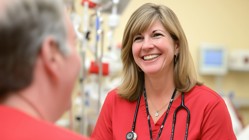 Healthcare worker in a red medical uniform talks to a patient in a medical setting 