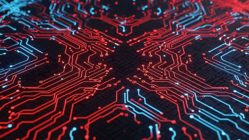 Abstract circuit board with red and blue illuminated traces and nodes on dark textured surface