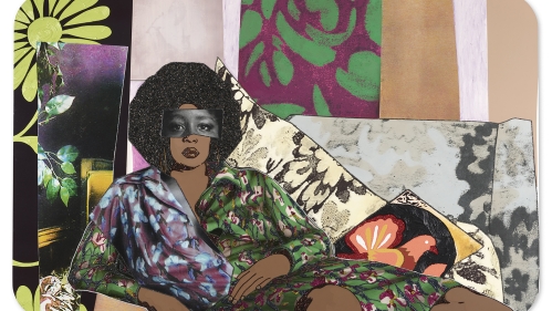 Artwork by Mickalene Thomas depicting strong African-American woman lying on sofa and looking directly foward