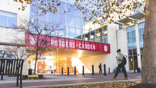 Rutgers-Camden signage on Law School pedestrian walkway bridge
