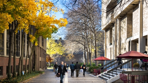 students standing on street between buildings