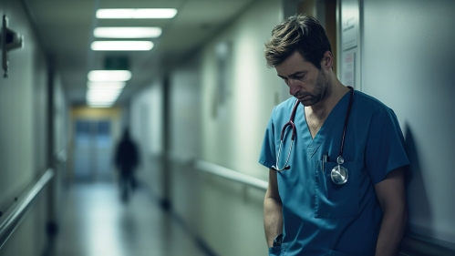 Nurse standing in corridor of hospital looking very weary