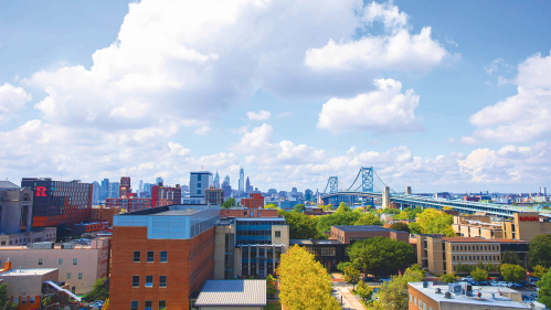 aerial photo of Rutgers-Camden with Ben Franklin and Philadelphia in background