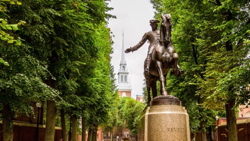 Statue of Paul Revere on horseback in front of Independence Hall in Philadelphia, Pennsylvania, United States of America