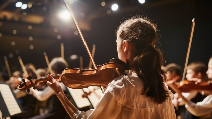Young girl in theater facing audience boldly playing the violin