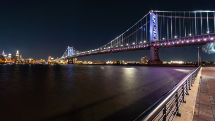 Camden Waterfront at Night with Ben Franklin Bridge in background.