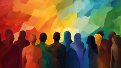 Rainbow color background with group of people standing in unison