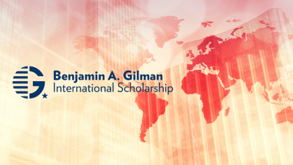 Gilman Scholar Logo with International Map Graphic