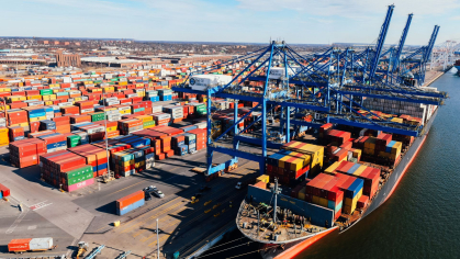 An overhead view of a large shipping port.