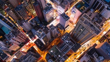 Overhead view of a city at twilight 