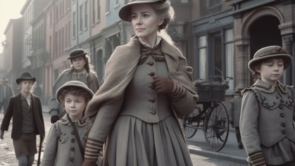 woman dressed in Victorian style walking down the street with her school-age children