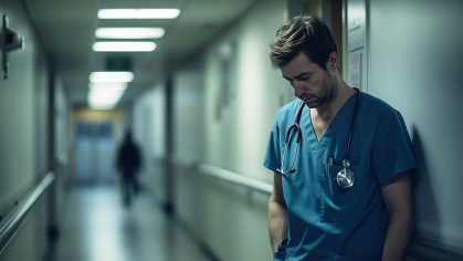 Nurse standing in corridor of hospital looking very weary