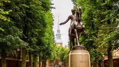 Statue of Paul Revere on horseback in front of Independence Hall in Philadelphia, Pennsylvania, United States of America