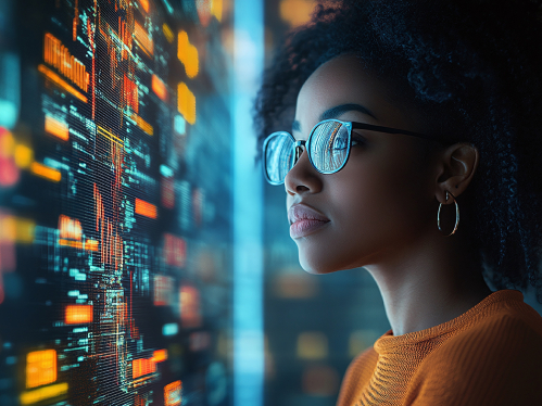 black african american female it specialist analyzing ai cybersecurity threat, augmented reality collage, exploring artificial intelligence and information technology systems