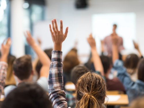 Students actively raising hands in class students engaged in education