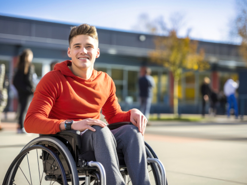 Student in Wheelchair outside building