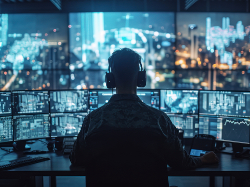 computer user sitting in front of multiple monitors tapping on keyboard