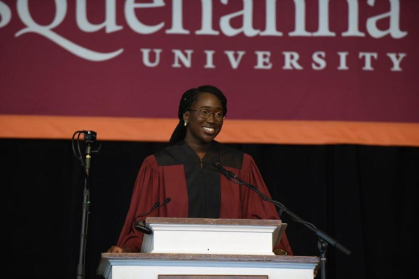 Diallo giving the welcoming address at the 2022 Convocation at Susquehanna University.