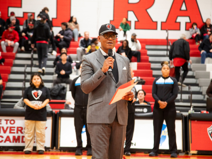 The Chancellor addresses the crowd.