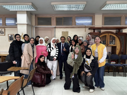 Dr. Habib, at center, visits students at Ain Shams University
