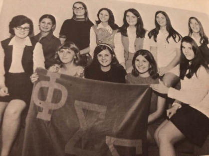 Phi Sigma Sigma yearbook photo, circa 1970. Chris Senseney is back row, center