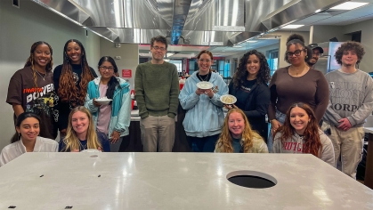 Student teams proudly display the results of the “meringue challenge,” a lesson in the Physics of Cooking class at Rutgers–Camden