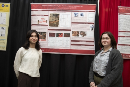 Students display research on Japanese woodblock prints.