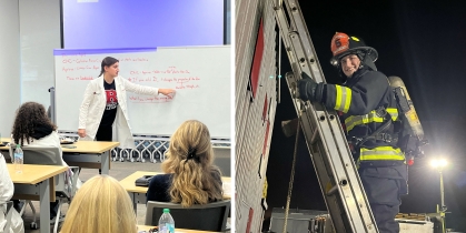 Sophia LaPorta in the classroom and during fire fighter training