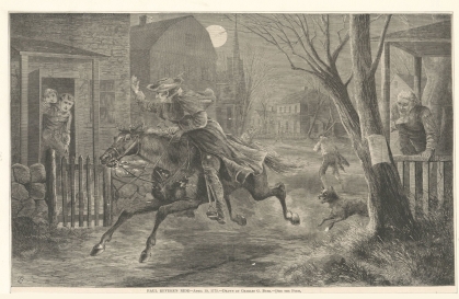 Artwork of Paul Revere's ride, April 19, 1775 depicting him on horseback riding through the town saying “The British are coming! The British are coming!”