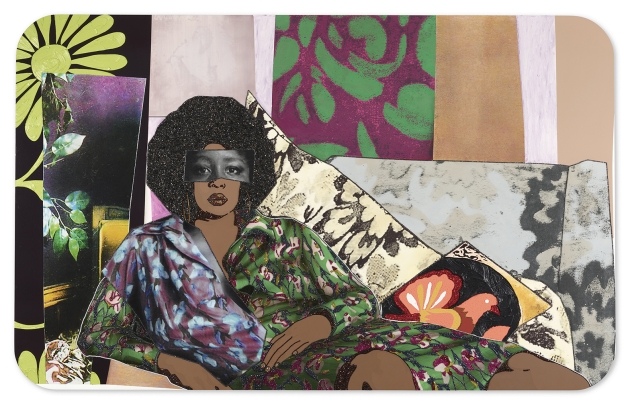 Artwork by Mickalene Thomas depicting strong African-American woman lying on sofa and looking directly foward