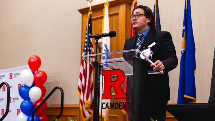 Christian Cintron speaks during the 2024 Chancellor's Veterans Day Luncheon