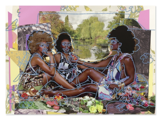 Le Dejeuner sur l'berbe Les trois femmes noires avec jardin de'eau- artwork by Mickalene Thomas
